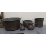 19thC metalware: to include a copper copper with opposing ring handles  14"deep  26"dia