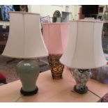 Three table lamps: to include a modern Chinese porcelain celadon glazed example, on a hardwood