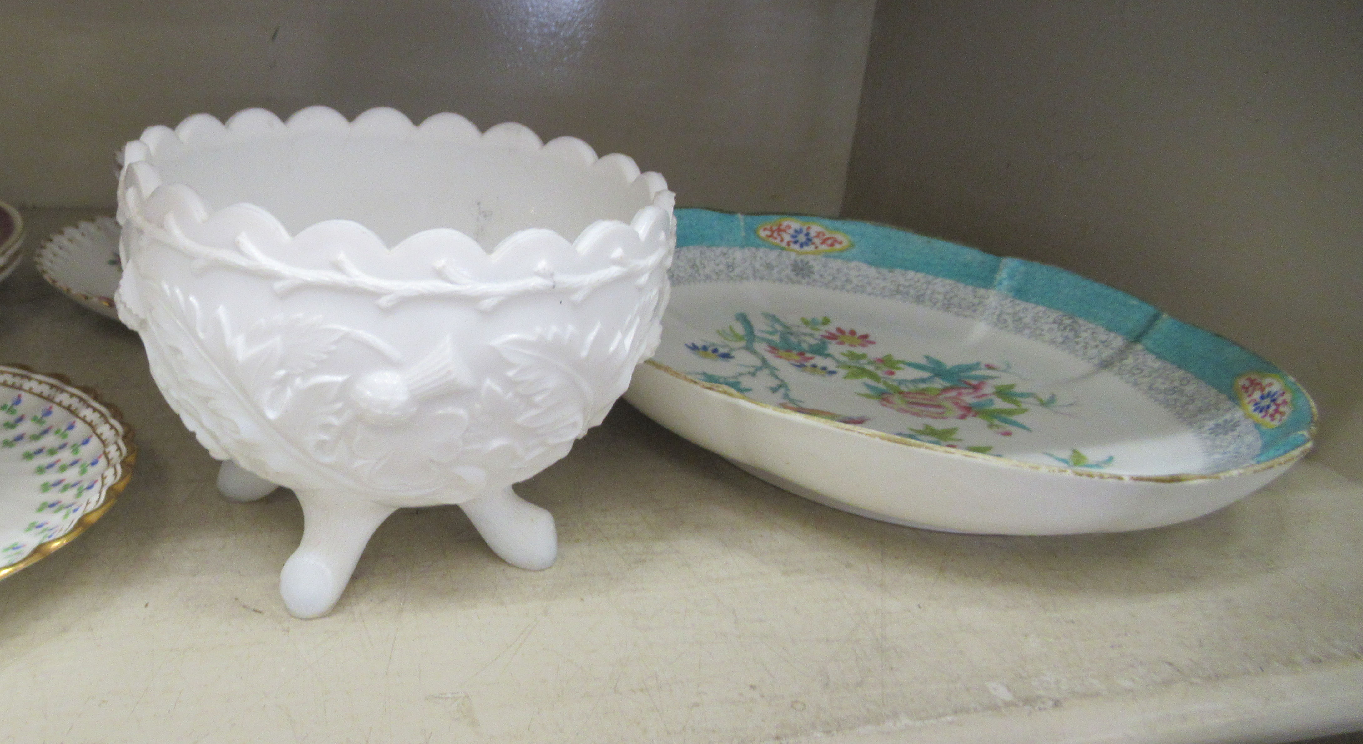 Ceramics: to include a late Victorian Felspar porcelain dish, decorated with flowers and birds  10" - Image 4 of 6