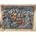 A modern 3D abstract work, in relief with two masks amongst waves  mixed media  bears an