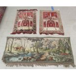 Three wall hangings: to include a tapestry, depicting a temple  42" x 27"