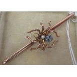 A 9ct gold scarf pin, surmounted by a spider, set with a seed pearl and coloured stone  boxed