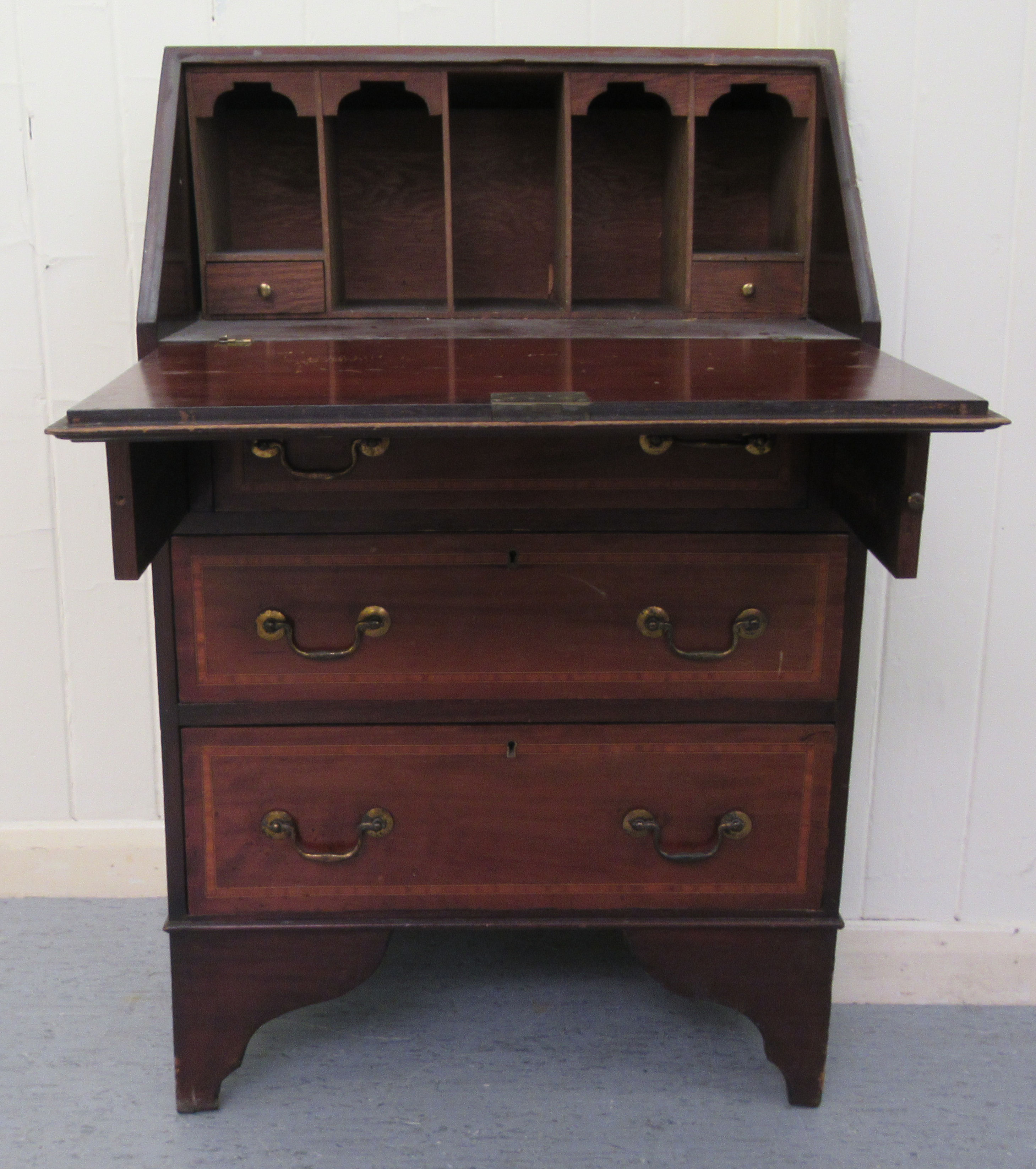 An Edwardian crossbanded string inlaid mahogany bureau bookcase, the fall flap over three long - Image 2 of 4