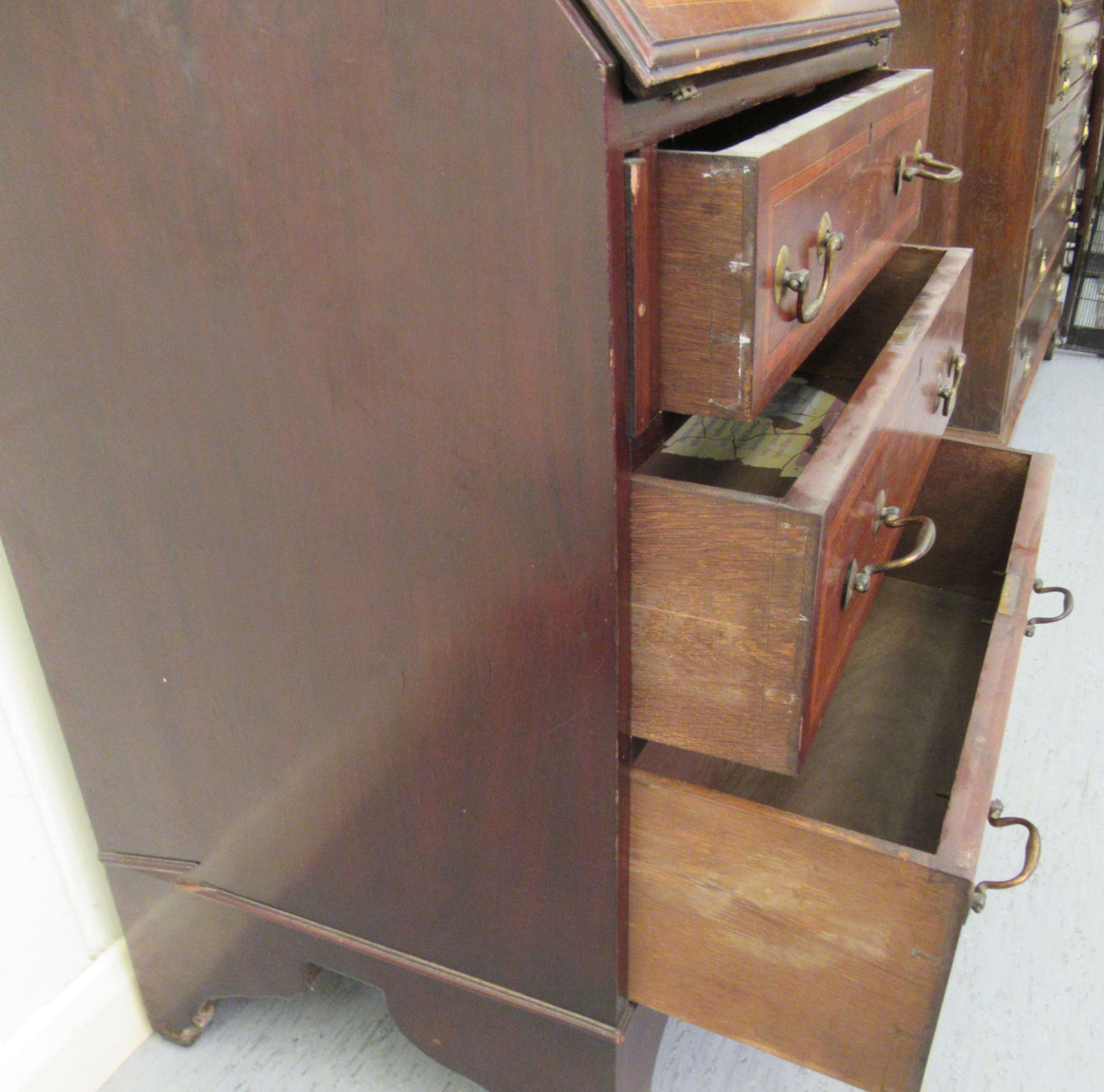 An Edwardian crossbanded string inlaid mahogany bureau bookcase, the fall flap over three long - Image 4 of 4