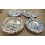 19thC blue and white decorative plates: to include a pearlware example, decorated with a country