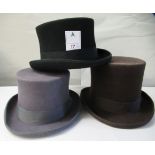 A Major Ware chocolate brown top hat  size 6; a Major grey top hat  size S; another, in brown