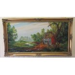 AW Ross - a Victorian scene with a horsedrawn carriage beside a house, in a woodland setting  oil on