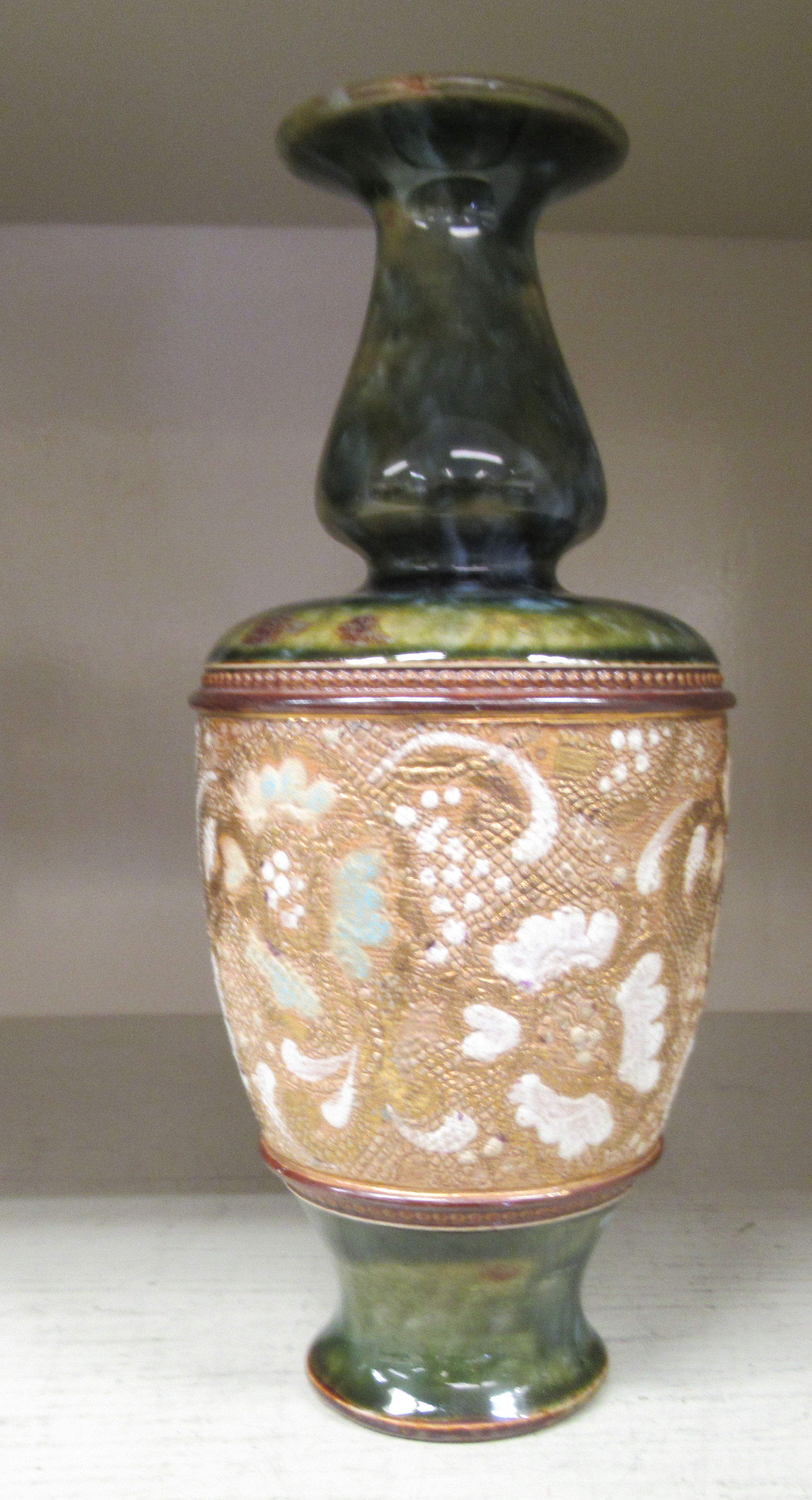 A pair of Doulton Lambeth Silicon Ware ewers  7"h; and a Royal Doulton stoneware vase with lace - Image 2 of 5