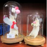 Taxidermy: two white mice, one holding flowers and balloons  5"h; the other, wearing a top hat,