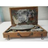 An Edwardian mahogany artists box  3"h  12"w containing mainly used paints