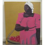 M Coto - a woman carrying a basket of fruit  oil on canvas  bears a signature  28" x 23"  mounted on