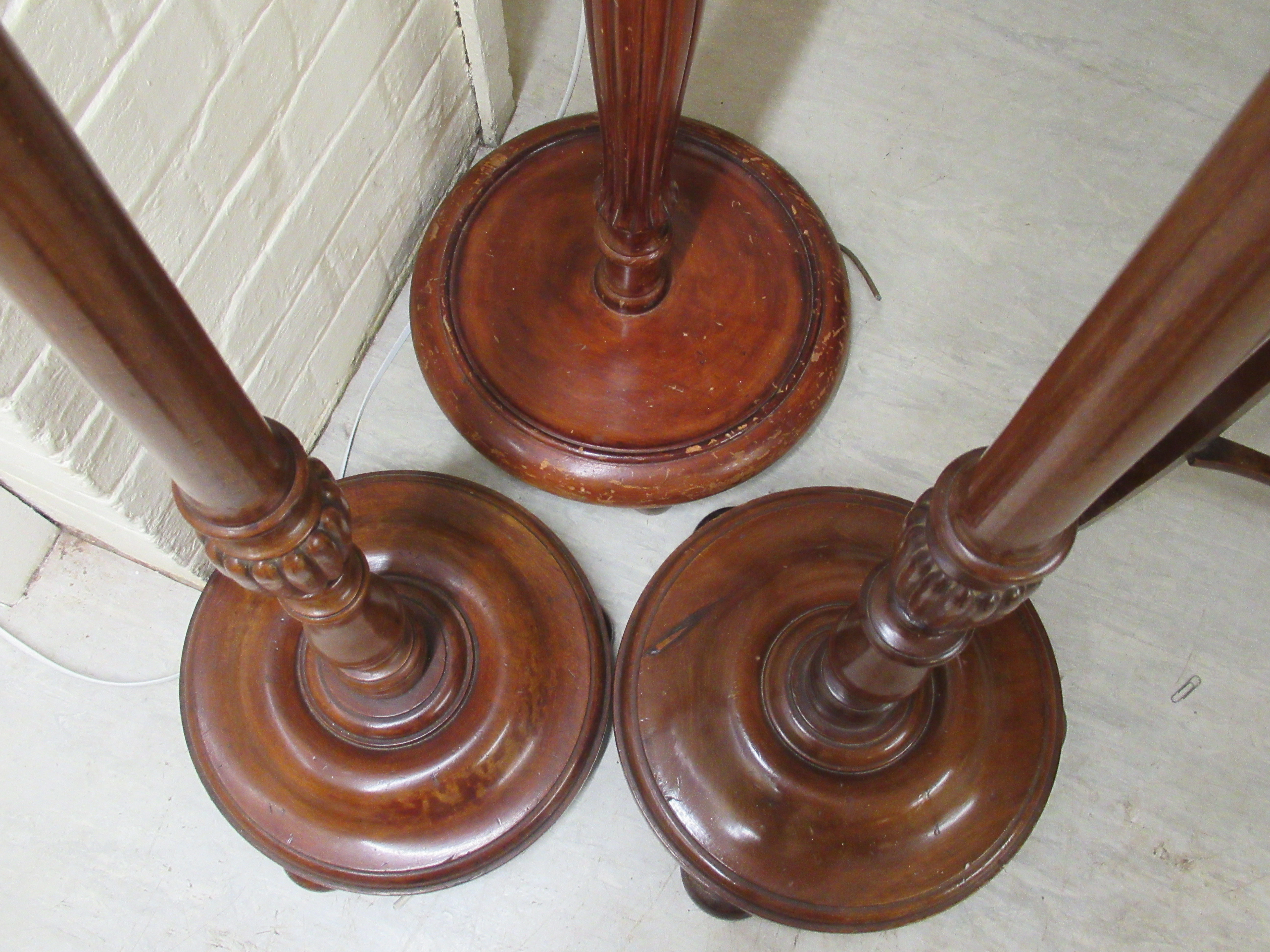 Three similar 20thC mahogany and beech standard lamps  63", 63" & 60"h - Image 2 of 2