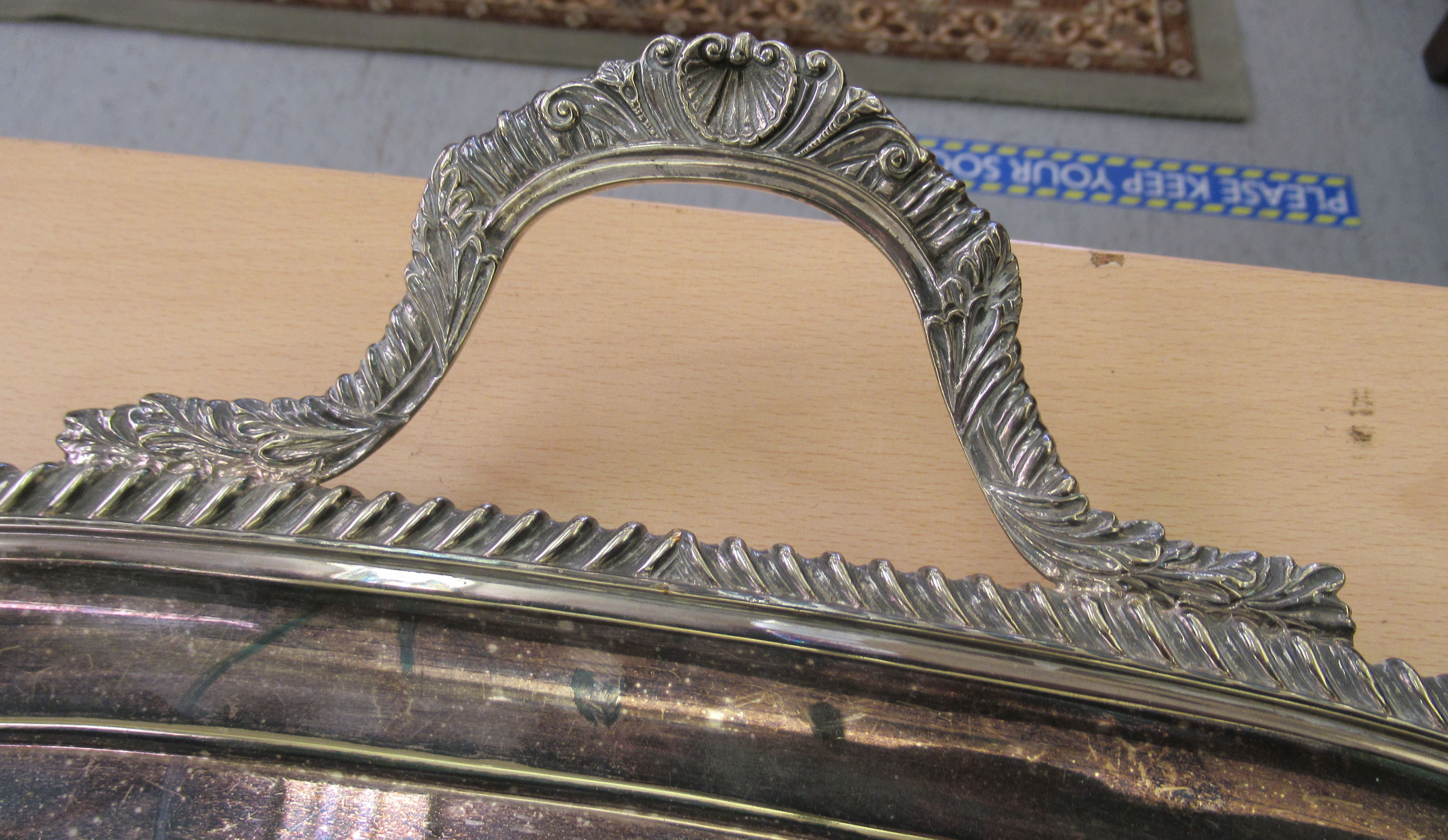 A Victorian style Goldsmiths & Silversmiths silver plated twin handled serving tray with a ribbed, - Image 4 of 4