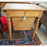 A late Victorian stained pine sewing table with a box drawer, raised on turned, tapered legs  29"