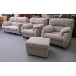 A modern textured grey patterned fabric upholstered three piece suite  comprising a two seater