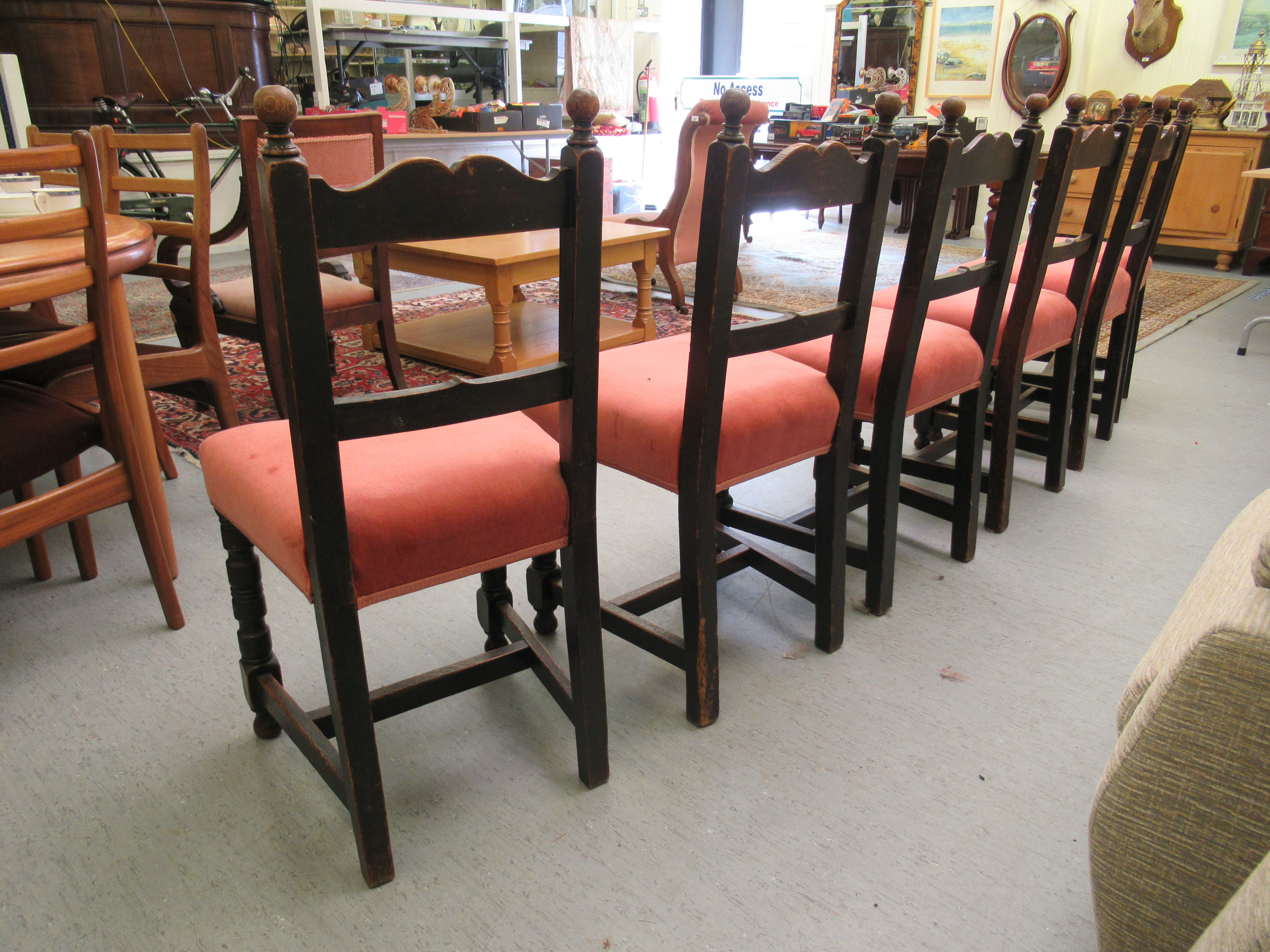 A set of six early 20thC Derbyshire inspired stained oak bar back dining chairs, the later fabric - Image 3 of 4