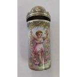 A late 19thC Continental silver coloured metal mounted and painted enamel scent phial of cylindrical