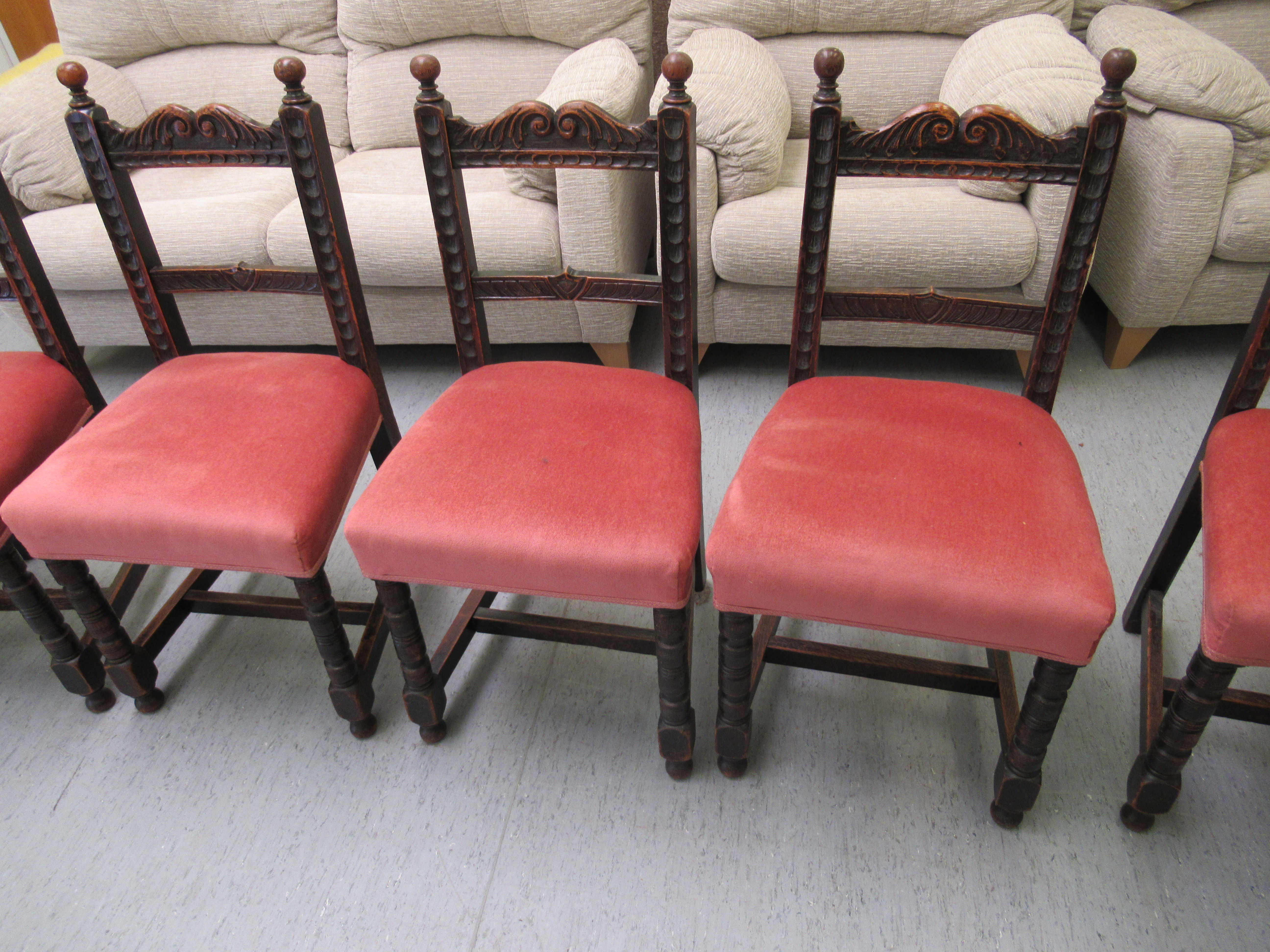 A set of six early 20thC Derbyshire inspired stained oak bar back dining chairs, the later fabric - Image 4 of 4