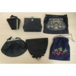 Six early/mid 20thC evening purses/bags: to include a black taffeta example, the folding panel