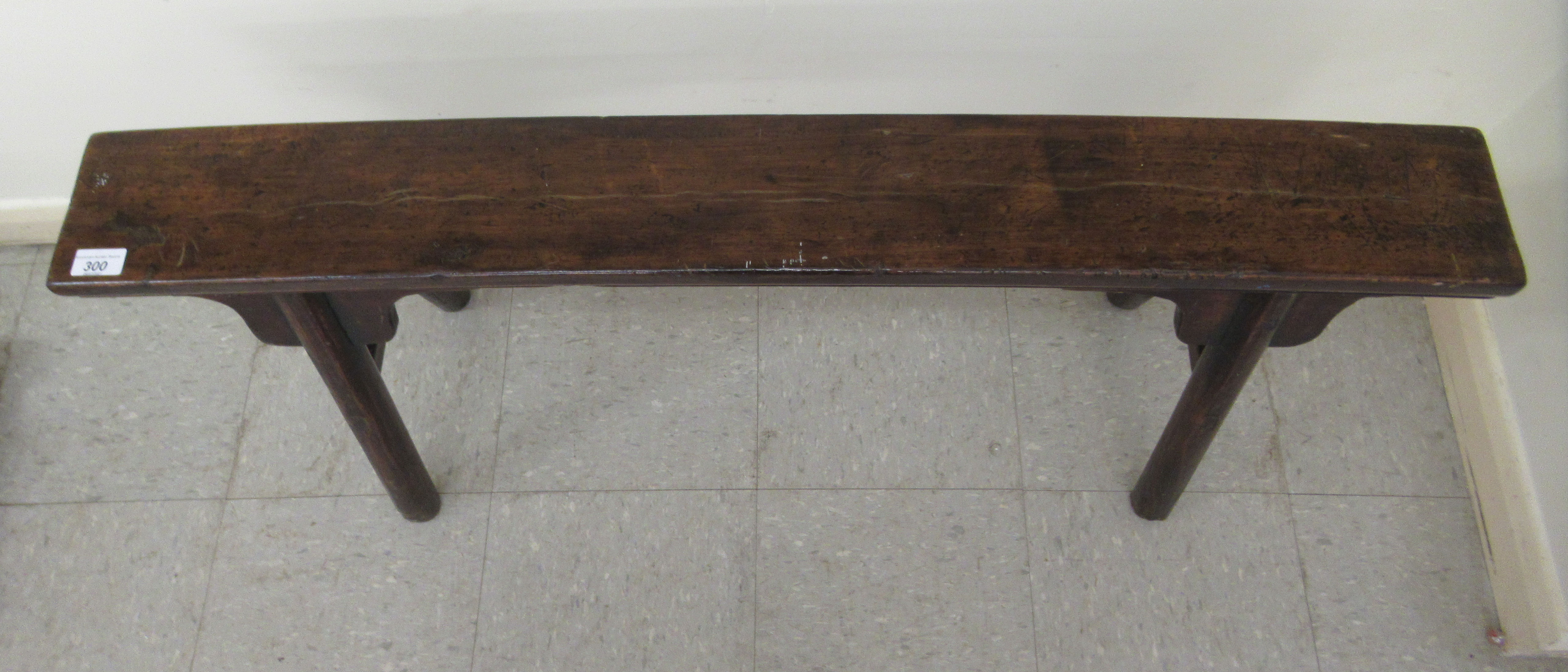 An early 20thC Chinese rustic elm bench, raised on turned, outset legs  21"h  44"w - Image 3 of 5