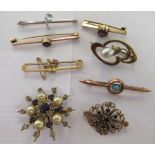 Yellow metal and gold items of personal ornament: to include scarf pins, set with coloured stones