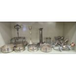 Silver plated tableware: to include a four division cruet; and a candlestick  6"h