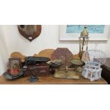 A mixed lot: to include a set of early 20thC brass scales with attendant weights; a 19thC mother-