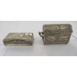 Two early 20thC Continental silver coloured metal items, viz. a domed twin handled, casket deign