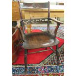 A Regency ash and elm framed dining chair with a slat back and swept, open arms, the solid seat