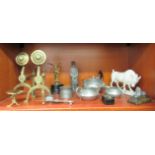 A mixed lot: to include a three piece pewter tea set; a pair of Arts & Crafts brass fire dogs  11"h