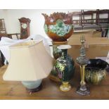 A mixed lot: to include a Majolica style brown and green glazed china jardinière and stand  25"h;