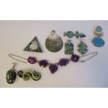 Silver and white metal costume jewellery, mainly pendants, set with mother-of-pearl, paua shell
