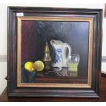 Helena Broome - a still life study, objects and fruit on a table  oil on canvas  bears a signature &