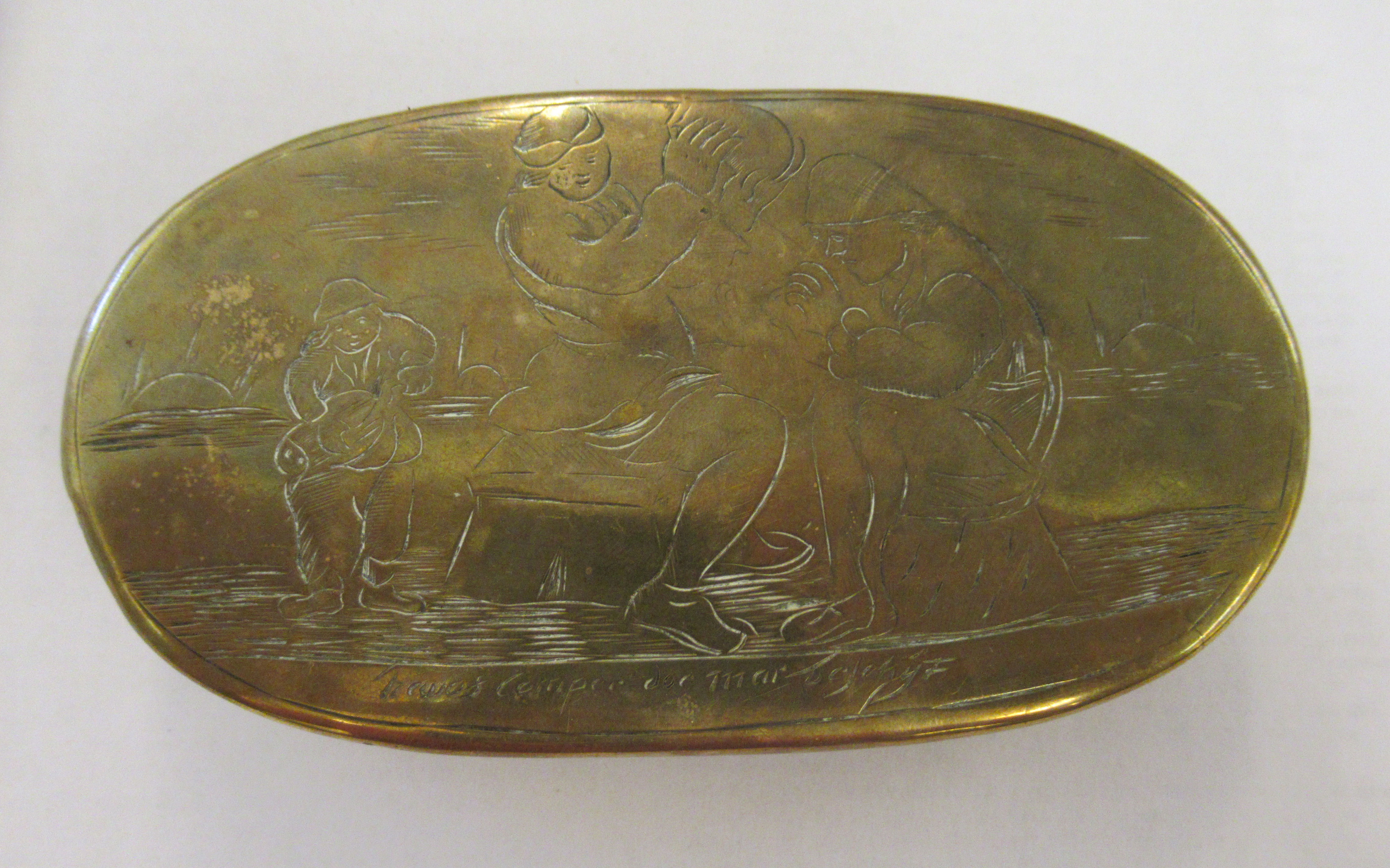 An early 19thC (possibly Dutch) brass oval snuff box, decorated with a fishing village  5"dia - Image 2 of 3