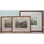 A pair of mid 19thC fox hunting scenes  coloured prints  8" x 11"  framed; and a later