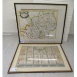 A 17thC John Ogilby coloured road map 'London to Okeham'  12.5" x 17.5" framed; and a 17thC Robert