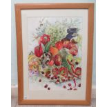 S Parker - fruit, vegetables and insects  pen & watercolour  bears a signature  16" x 22"  framed