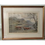 E J Duval - cattle grazing by a lake in a mountainous valley  watercolour  bears a signature & dated