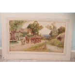 A Haselgrave - a horse pulling a cart of logs into a rural village  watercolour  bears a