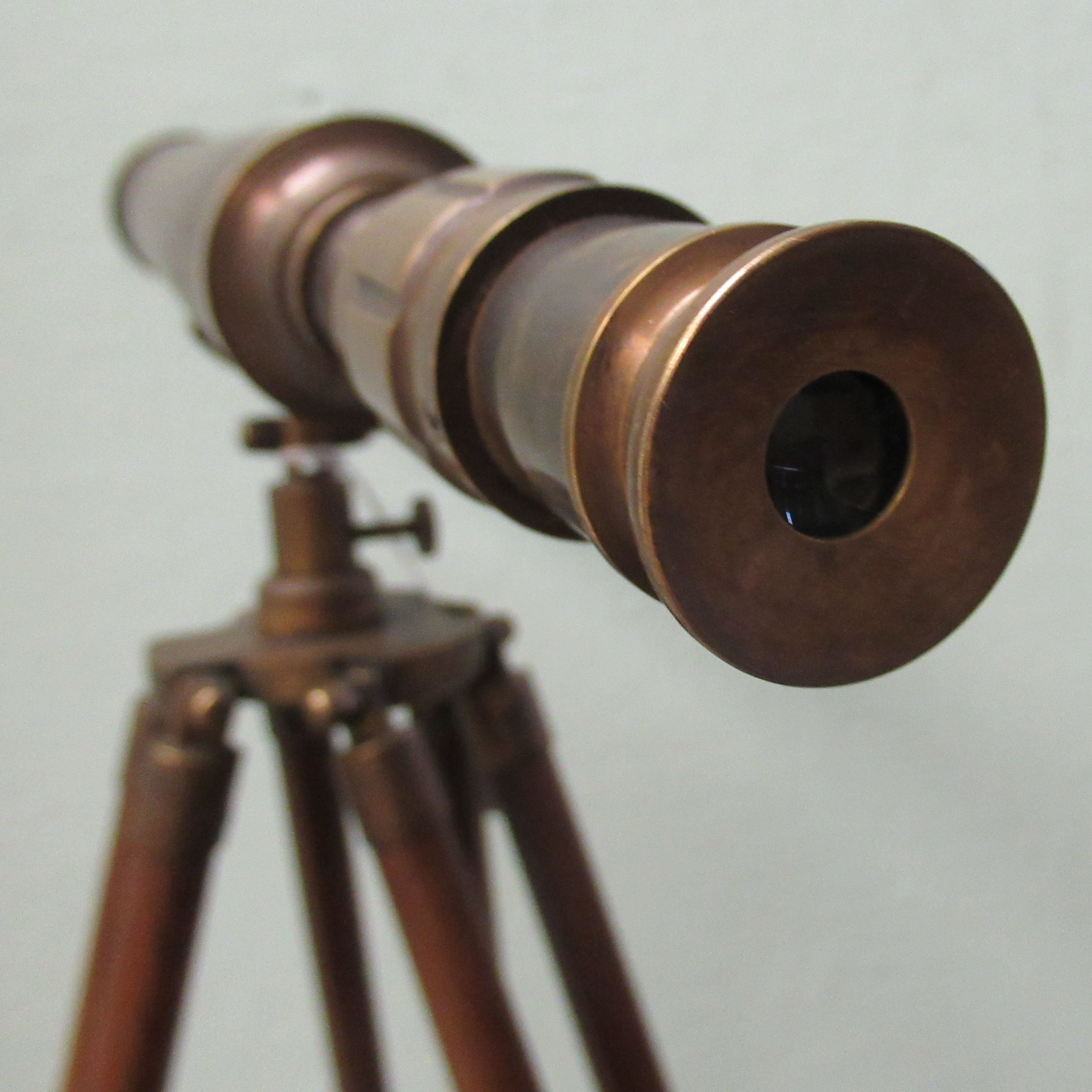 A modern reproduction of a 19thC brass telescope, on a tripod stand  26"h - Image 2 of 3