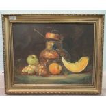 A Lxxx - a still life study, soft fruit and a jug on a ledge  oil on canvas  bears an indistinct