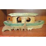 A Woodpecker Toys, James Galt carved oak Noah's Ark  6.5"h  15.5"L and four animals