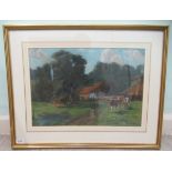 Alfred Slias - an agricultural landscape with grazing cattle  pastel  bears a signature & a label