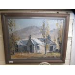 Brian Halliday - two cottages in a landscape with mountains beyond  oil on canvas  bears a signature