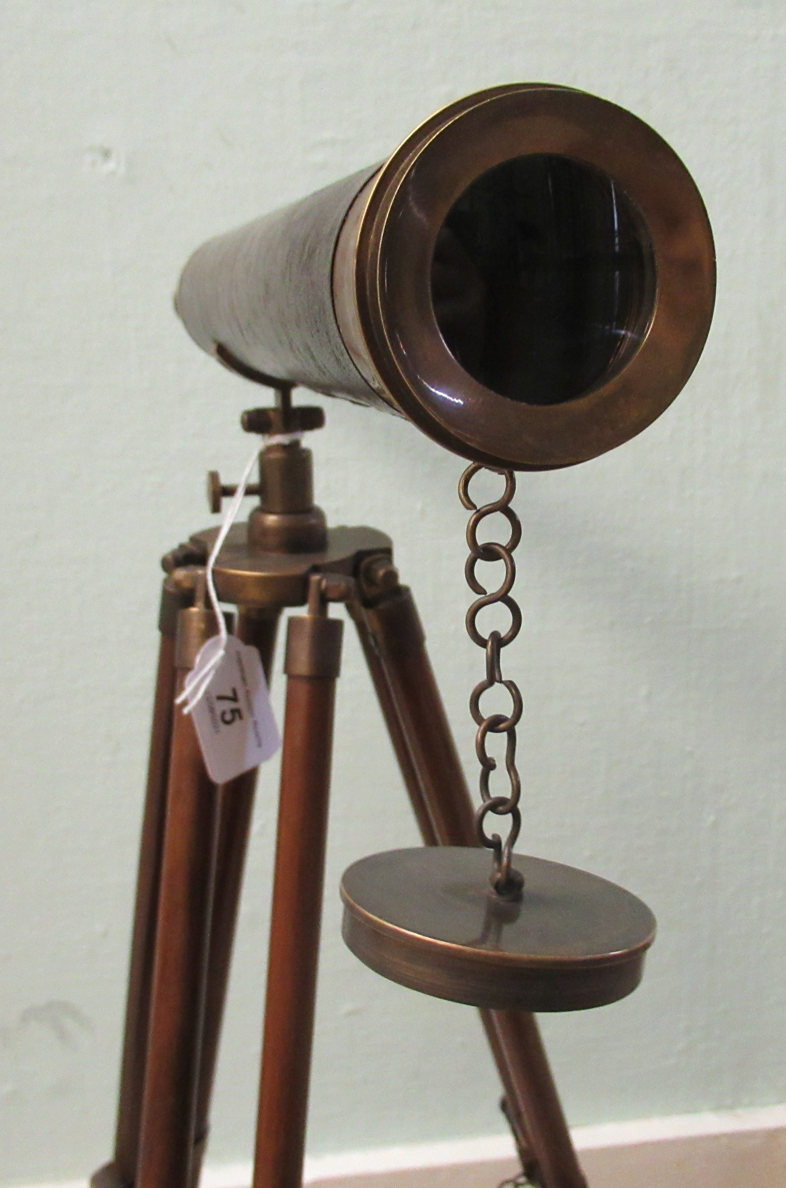 A modern reproduction of a 19thC brass telescope, on a tripod stand  26"h - Image 3 of 3