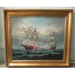 F Singer - two warships, on a choppy sea  oil on canvas  bears a signature  23" x 19"  framed