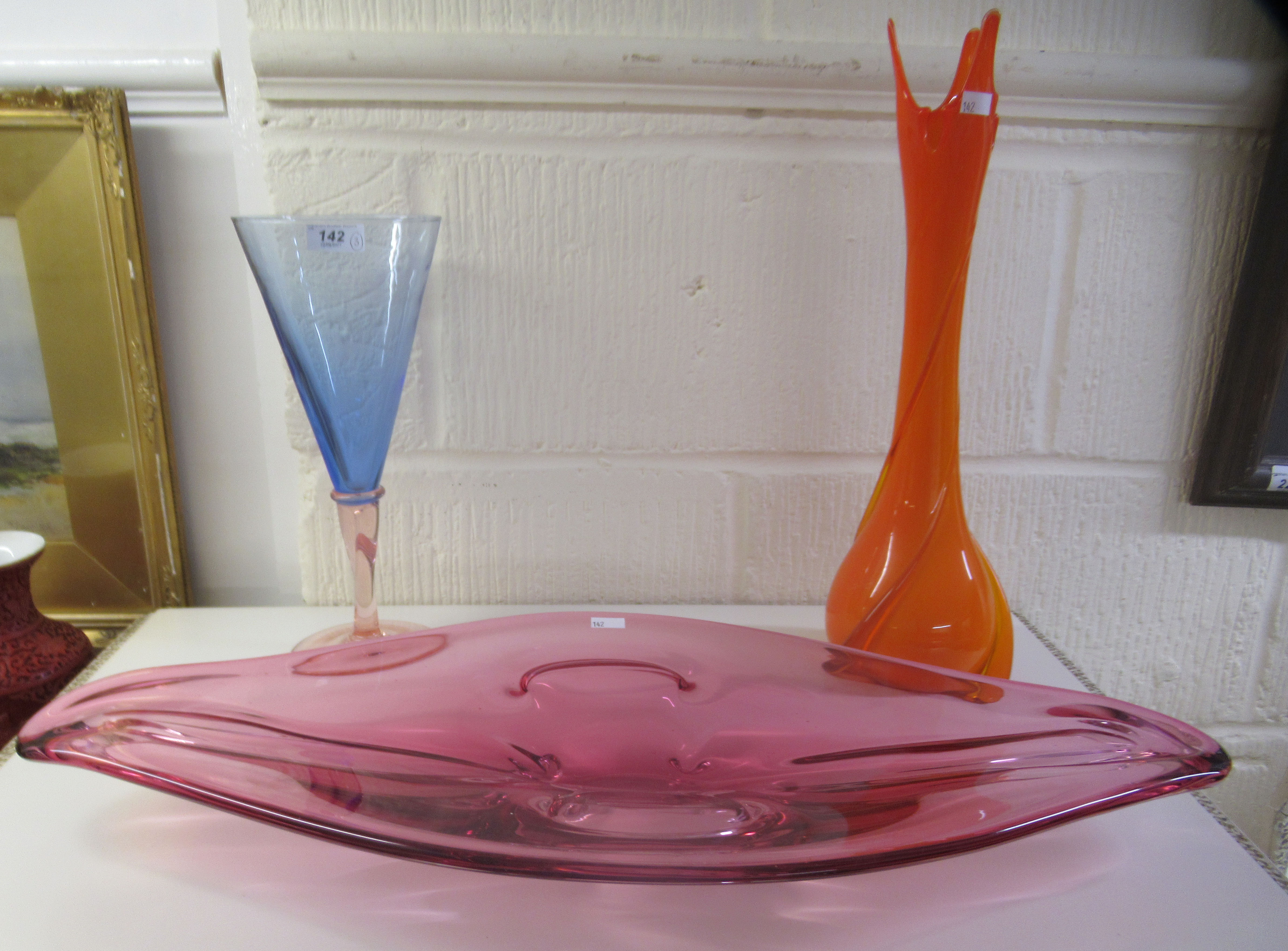 Three pieces of modern coloured Art Glass, viz. a vase  16"h; a centrepiece bowl  23"dia; and a