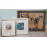 Three framed pictures and prints: to include a modern (possibly) Chinese School - an abstract