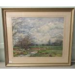 C J Thornton - sheep crossing a bridge  watercolour  bears a signature  25" x 20" framed