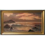 J Booth - a seascape at sunset  oil on board  bears a signature  38" x 19"  framed